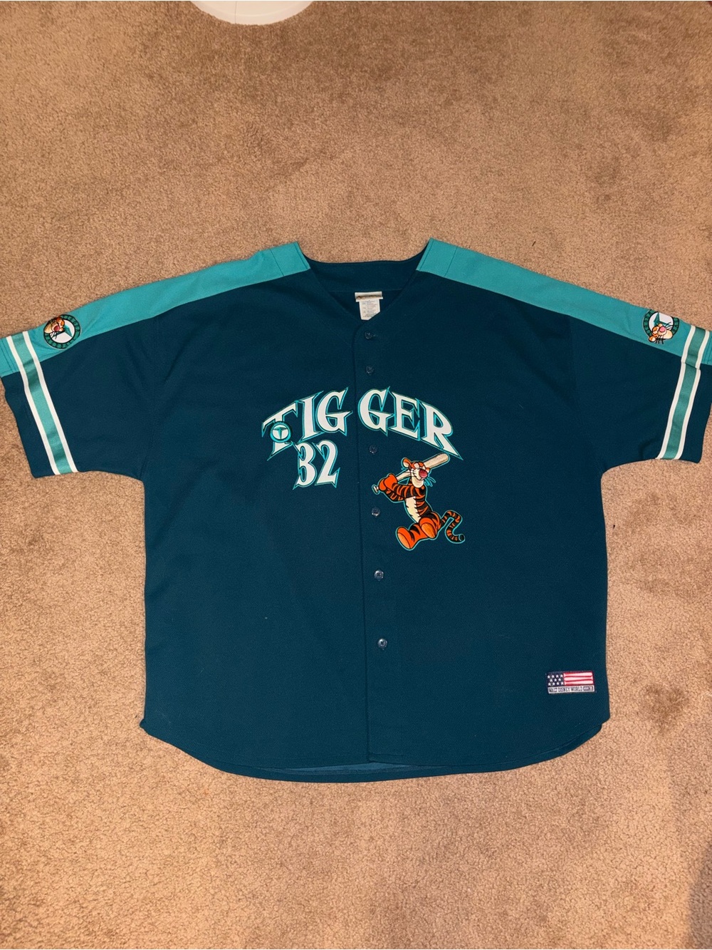 Vintage 90s Walt Disney World Tigger Baseball Jersey XXL Teal Button Up Retro